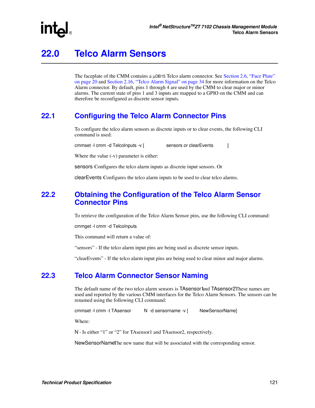 Intel ZT 7102 Telco Alarm Sensors, Configuring the Telco Alarm Connector Pins, Telco Alarm Connector Sensor Naming, 121 