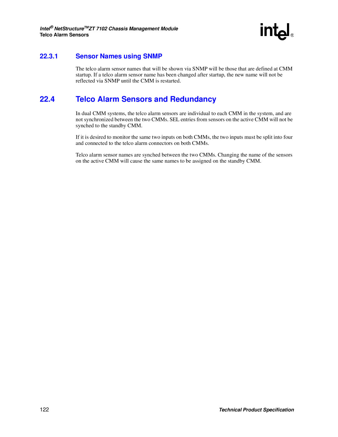 Intel ZT 7102 manual Telco Alarm Sensors and Redundancy, Sensor Names using Snmp, 122 