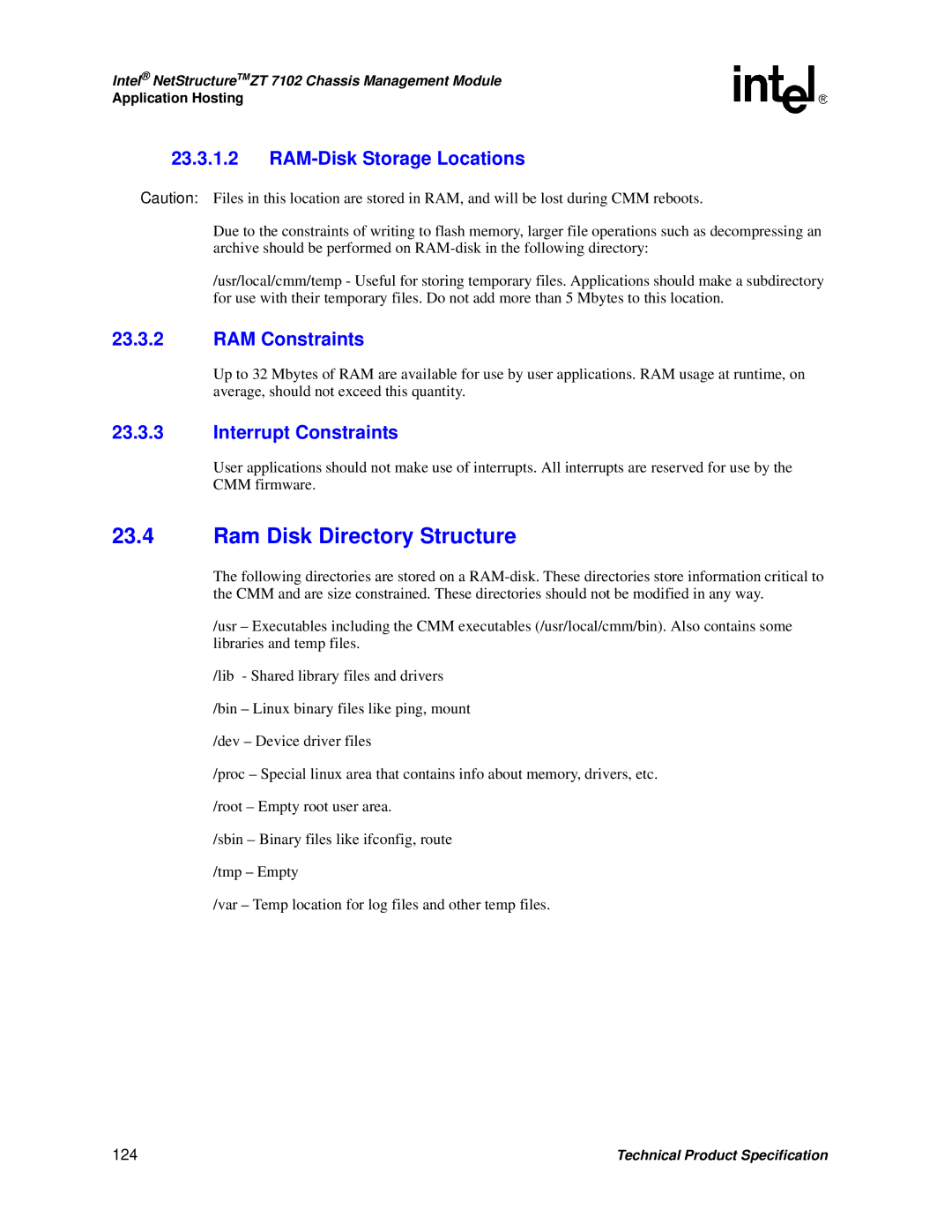 Intel ZT 7102 manual Ram Disk Directory Structure, RAM-Disk Storage Locations, RAM Constraints, Interrupt Constraints, 124 