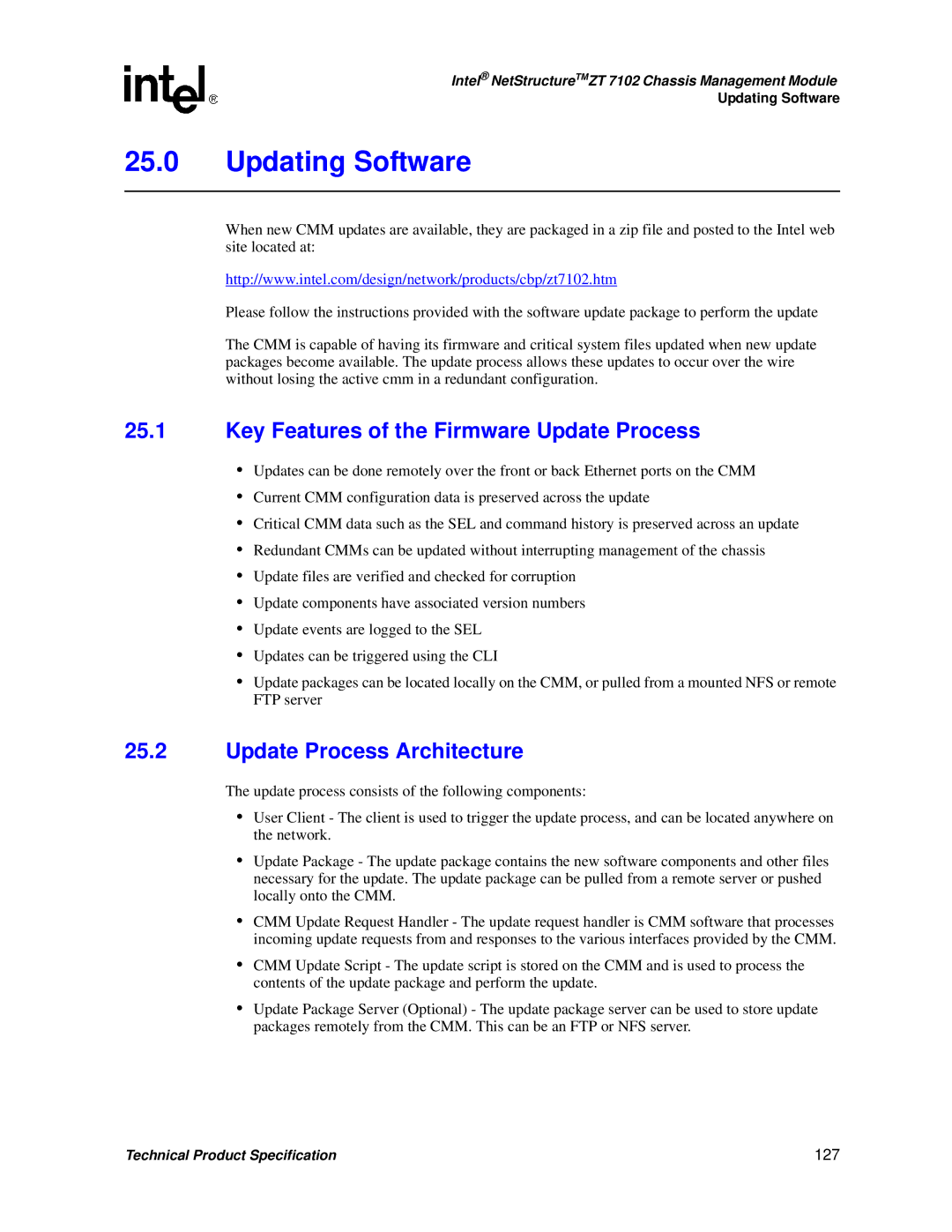 Intel ZT 7102 manual Updating Software, Key Features of the Firmware Update Process, Update Process Architecture, 127 