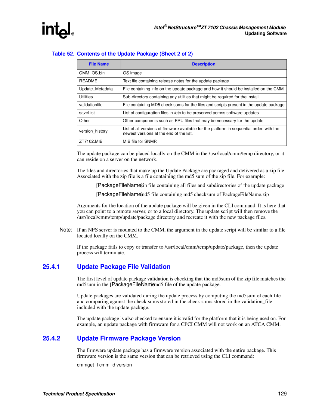 Intel ZT 7102 Update Package File Validation, Update Firmware Package Version, Contents of the Update Package Sheet 2, 129 