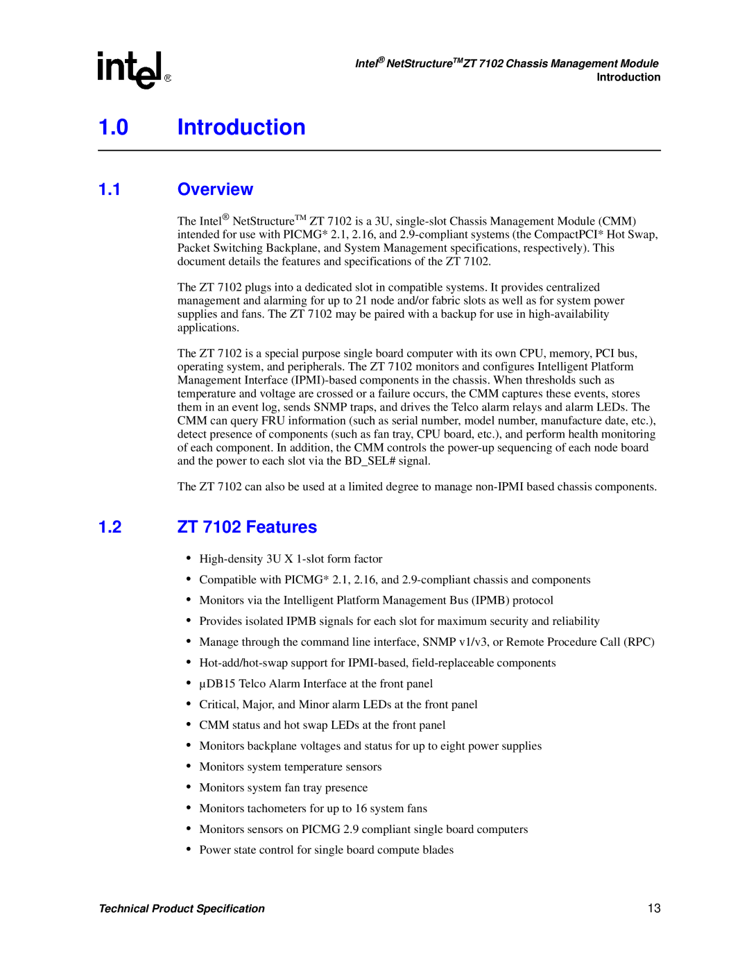 Intel manual Introduction, Overview, ZT 7102 Features 