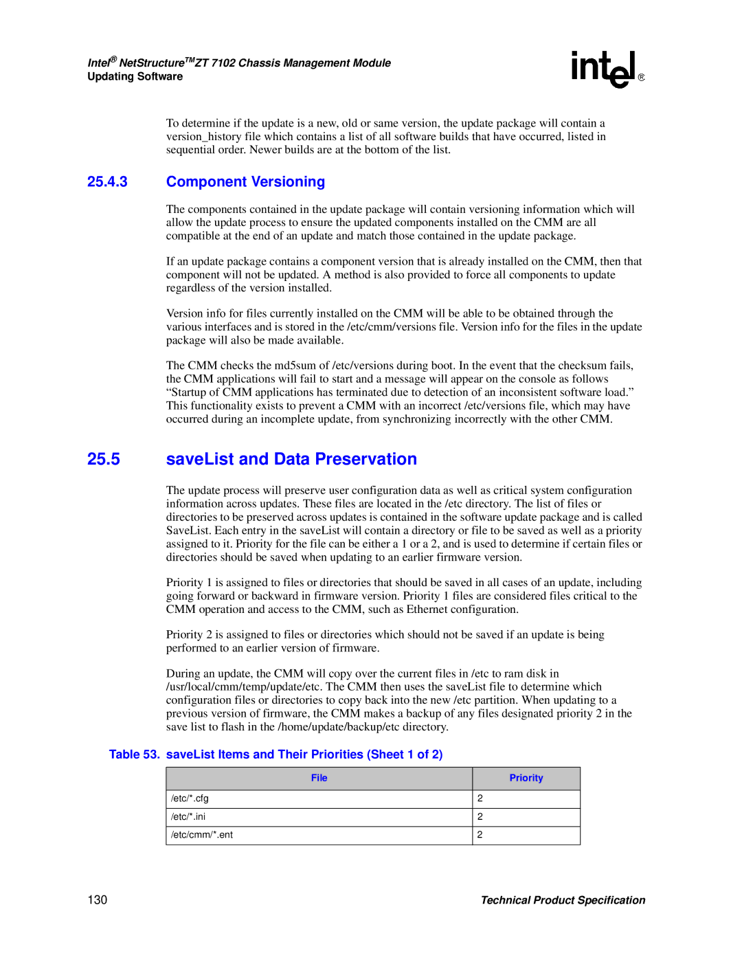 Intel ZT 7102 manual SaveList and Data Preservation, Component Versioning, SaveList Items and Their Priorities Sheet 1, 130 