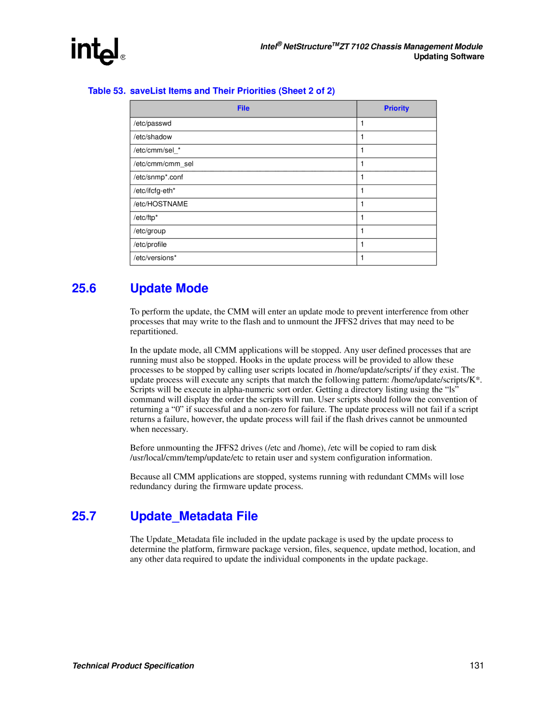 Intel ZT 7102 manual Update Mode, UpdateMetadata File, SaveList Items and Their Priorities Sheet 2, 131 