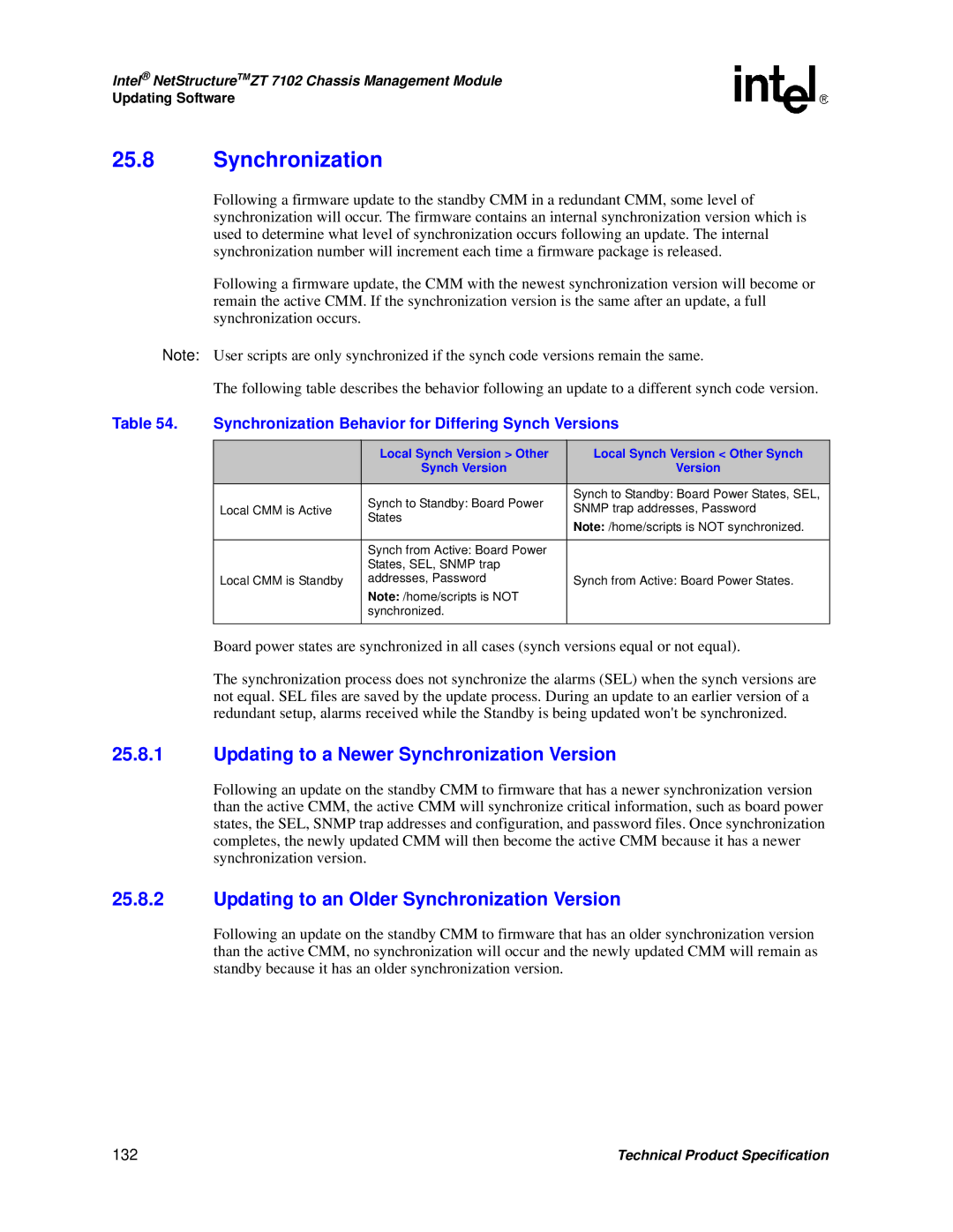 Intel ZT 7102 manual Updating to a Newer Synchronization Version, Updating to an Older Synchronization Version, 132 