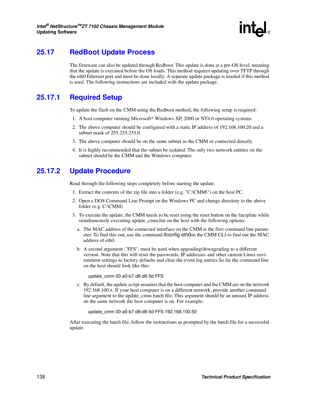 Intel ZT 7102 manual RedBoot Update Process, Required Setup, Update Procedure, 138 