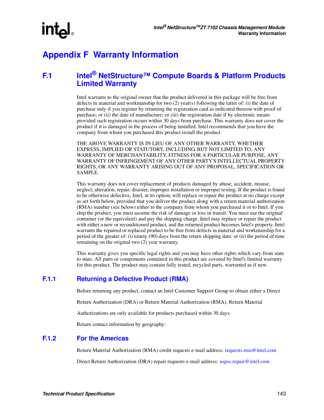 Intel ZT 7102 manual Returning a Defective Product RMA, For the Americas, 143 