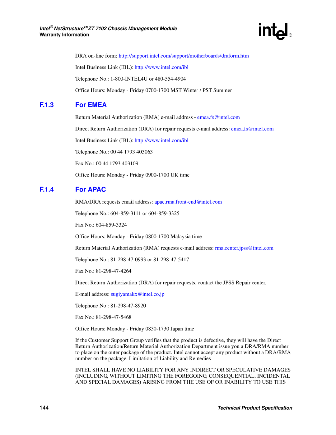 Intel ZT 7102 manual For Emea, For Apac, 144 