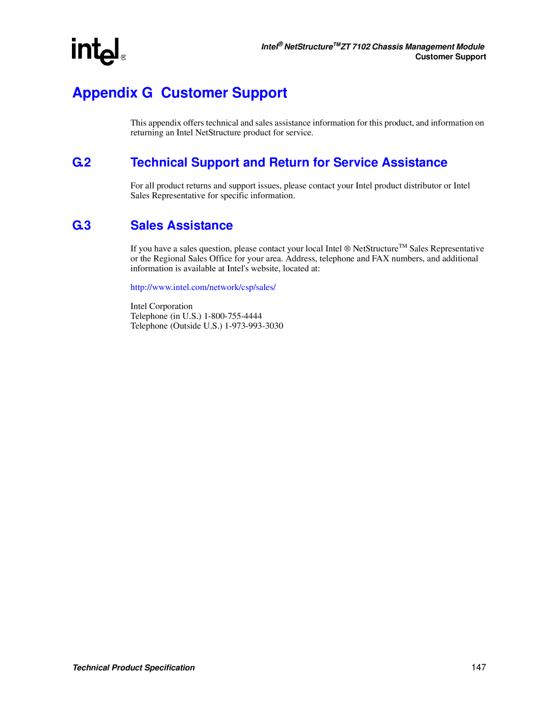 Intel ZT 7102 manual Technical Support and Return for Service Assistance, Sales Assistance, 147 