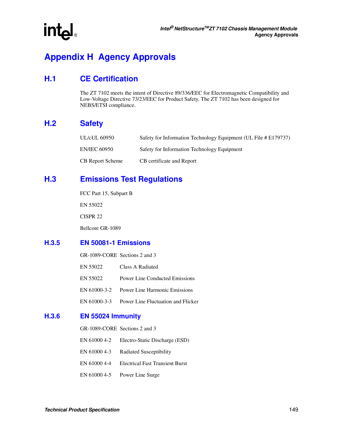 Intel ZT 7102 manual CE Certification, Safety, Emissions Test Regulations, EN 50081-1 Emissions, EN 55024 Immunity 