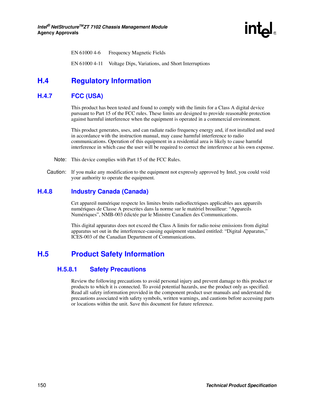 Intel ZT 7102 manual Regulatory Information, Product Safety Information, Industry Canada Canada, Safety Precautions, 150 