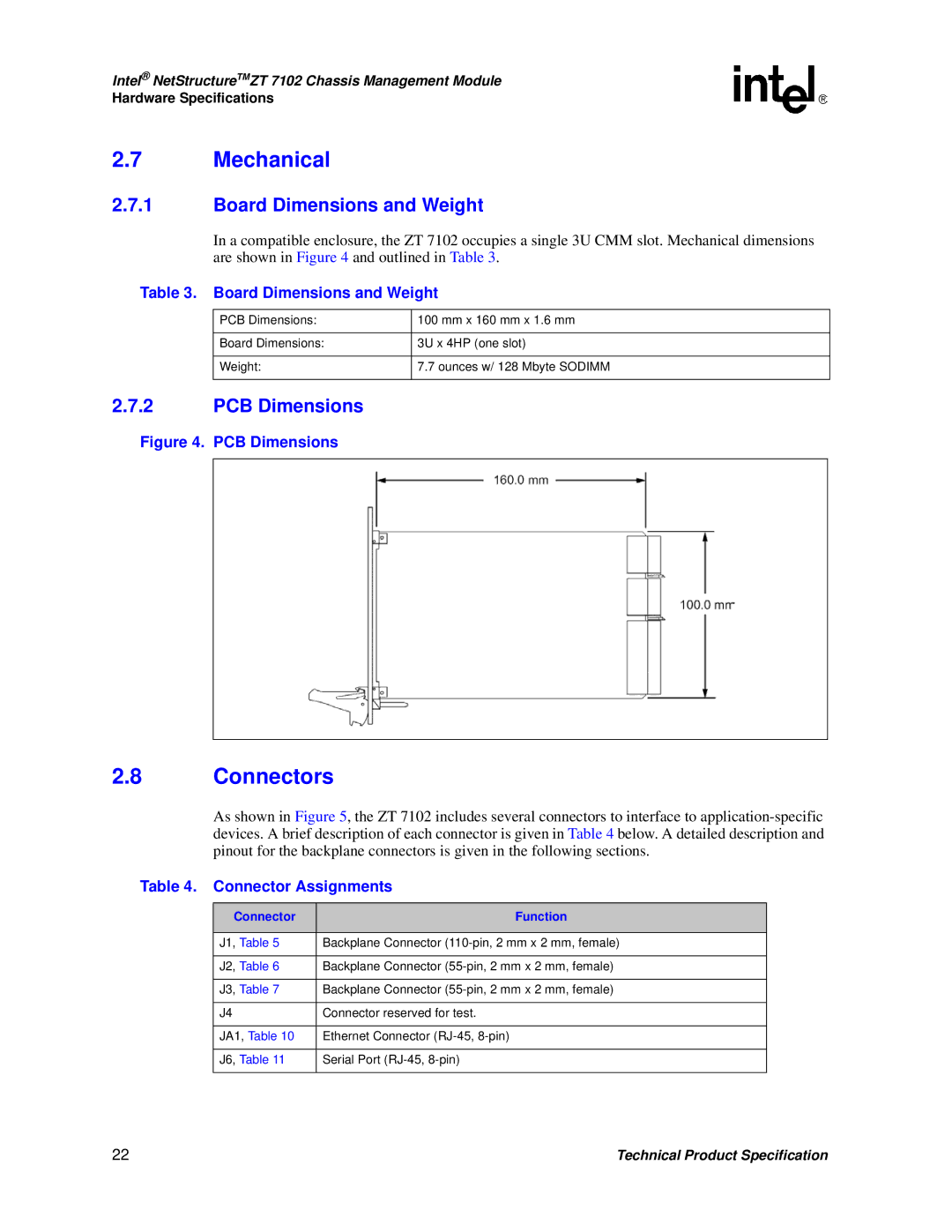 Intel ZT 7102 manual Mechanical, Connectors, Board Dimensions and Weight, PCB Dimensions 