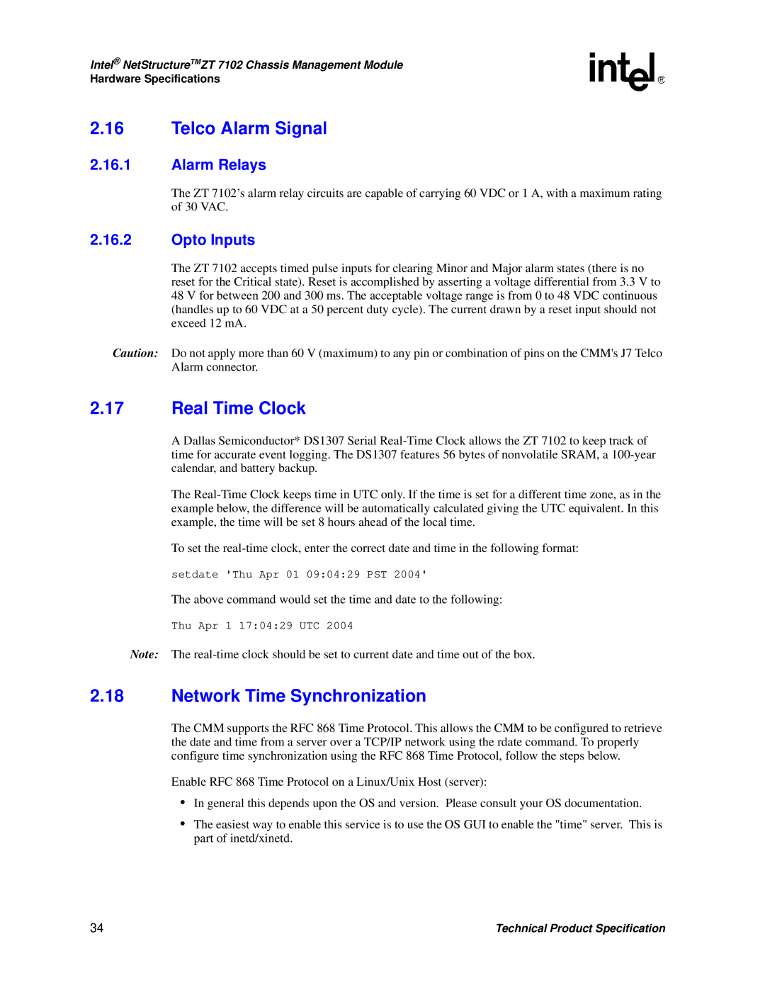 Intel ZT 7102 manual Telco Alarm Signal, Real Time Clock, Network Time Synchronization, Alarm Relays, Opto Inputs 