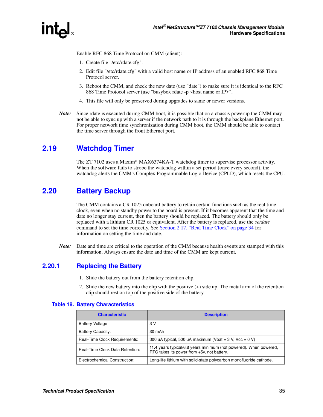 Intel ZT 7102 Watchdog Timer, Battery Backup, Replacing the Battery, Battery Characteristics, Characteristic Description 