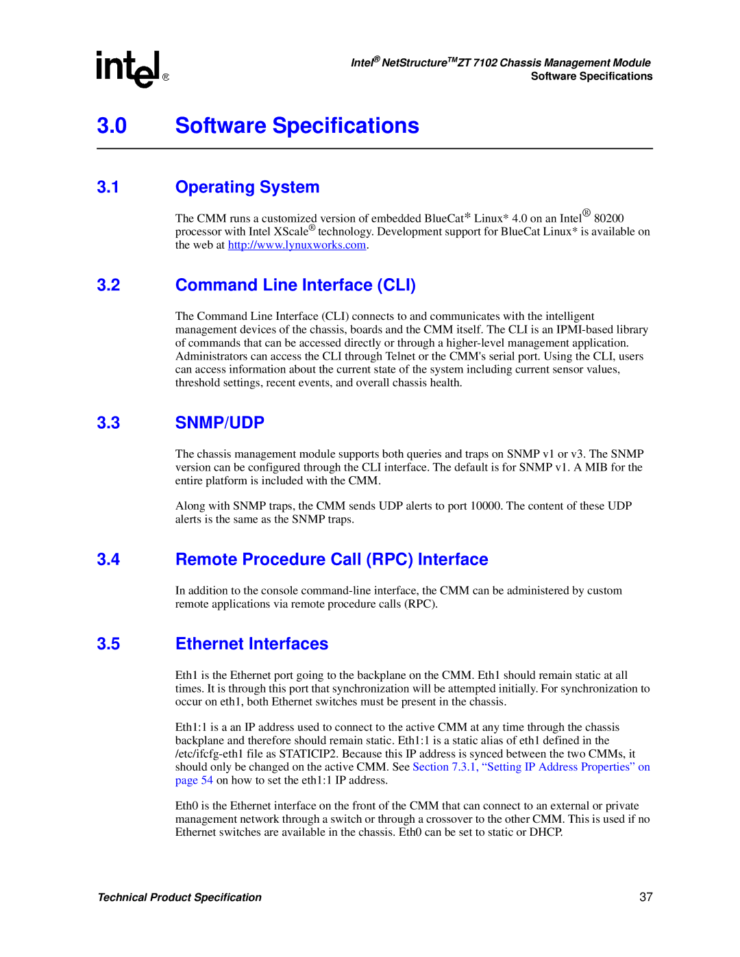 Intel ZT 7102 Software Specifications, Operating System Command Line Interface CLI, Remote Procedure Call RPC Interface 