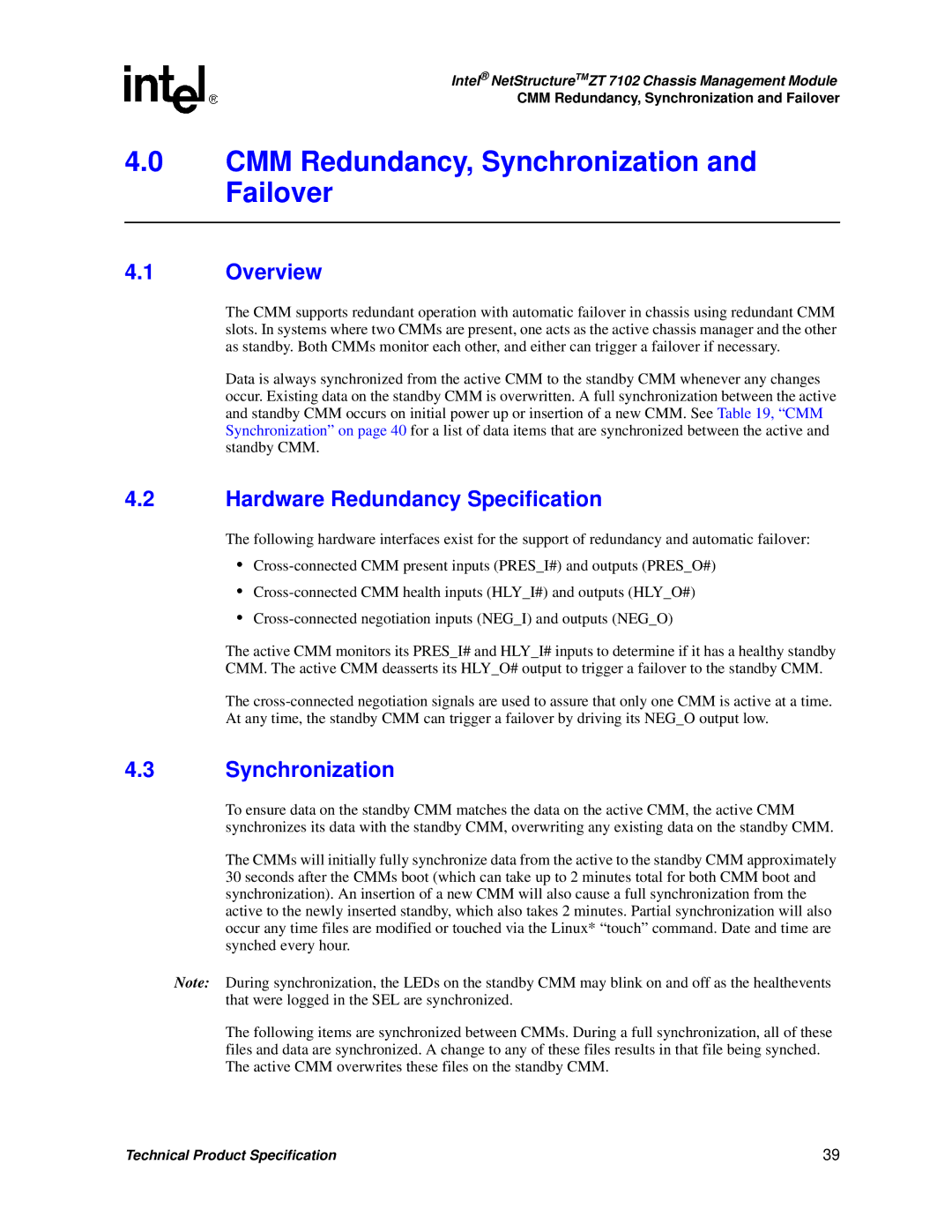 Intel ZT 7102 manual CMM Redundancy, Synchronization and Failover, Hardware Redundancy Specification 