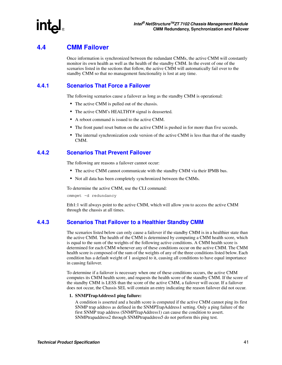 Intel ZT 7102 manual CMM Failover, Scenarios That Force a Failover, Scenarios That Prevent Failover 