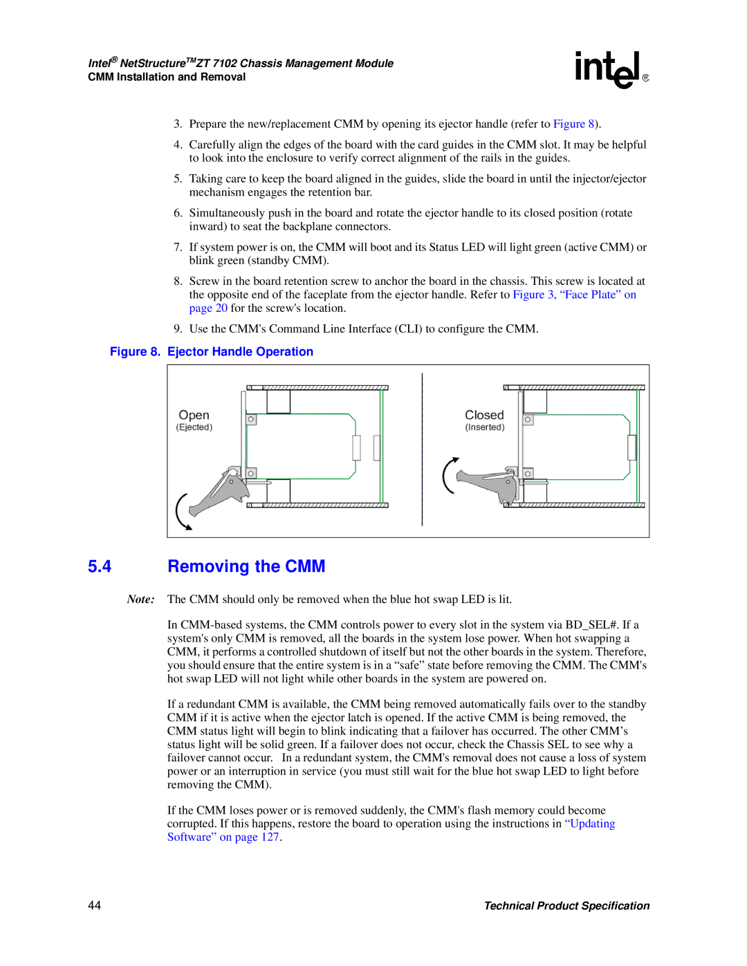 Intel ZT 7102 manual Removing the CMM, Ejector Handle Operation 