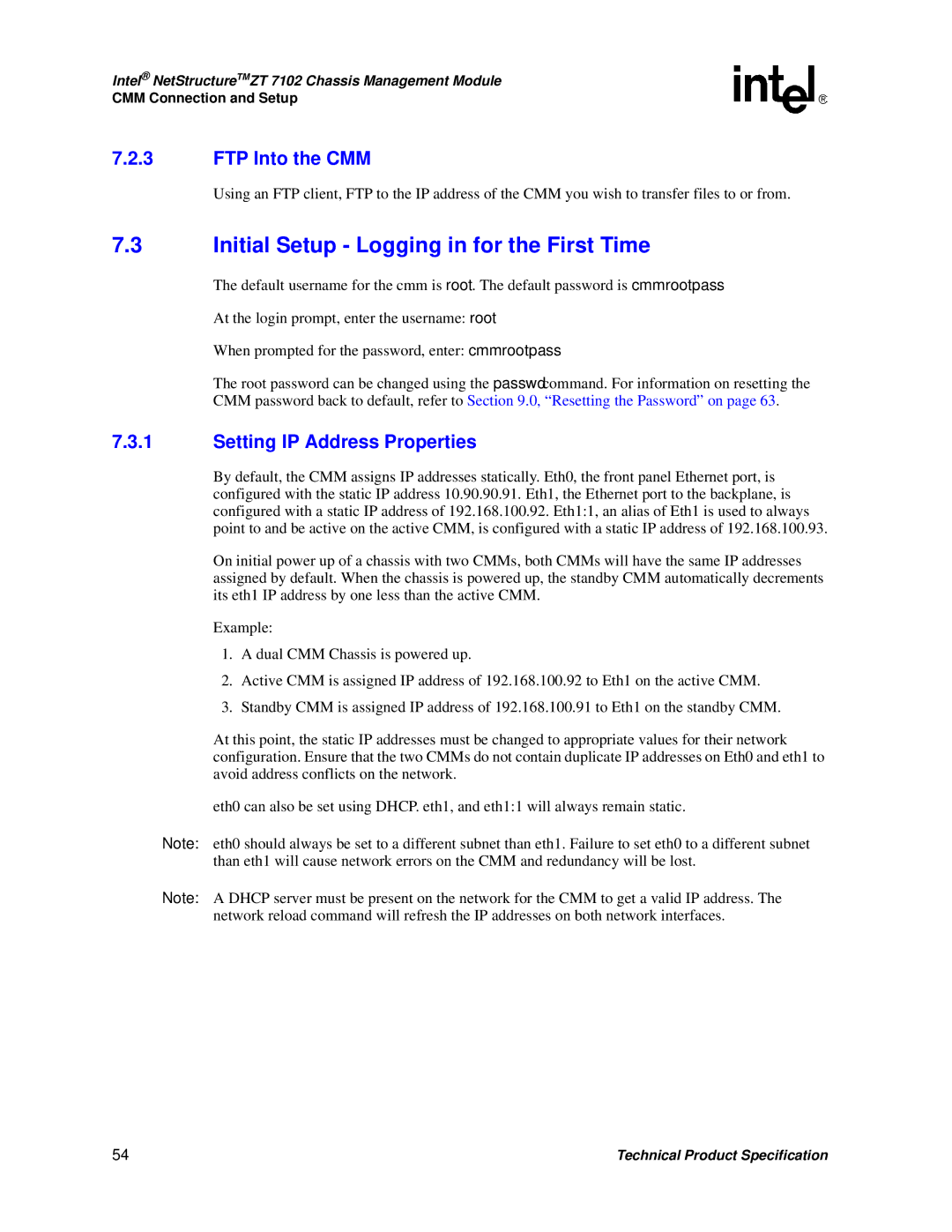 Intel ZT 7102 manual Initial Setup Logging in for the First Time, FTP Into the CMM, Setting IP Address Properties 