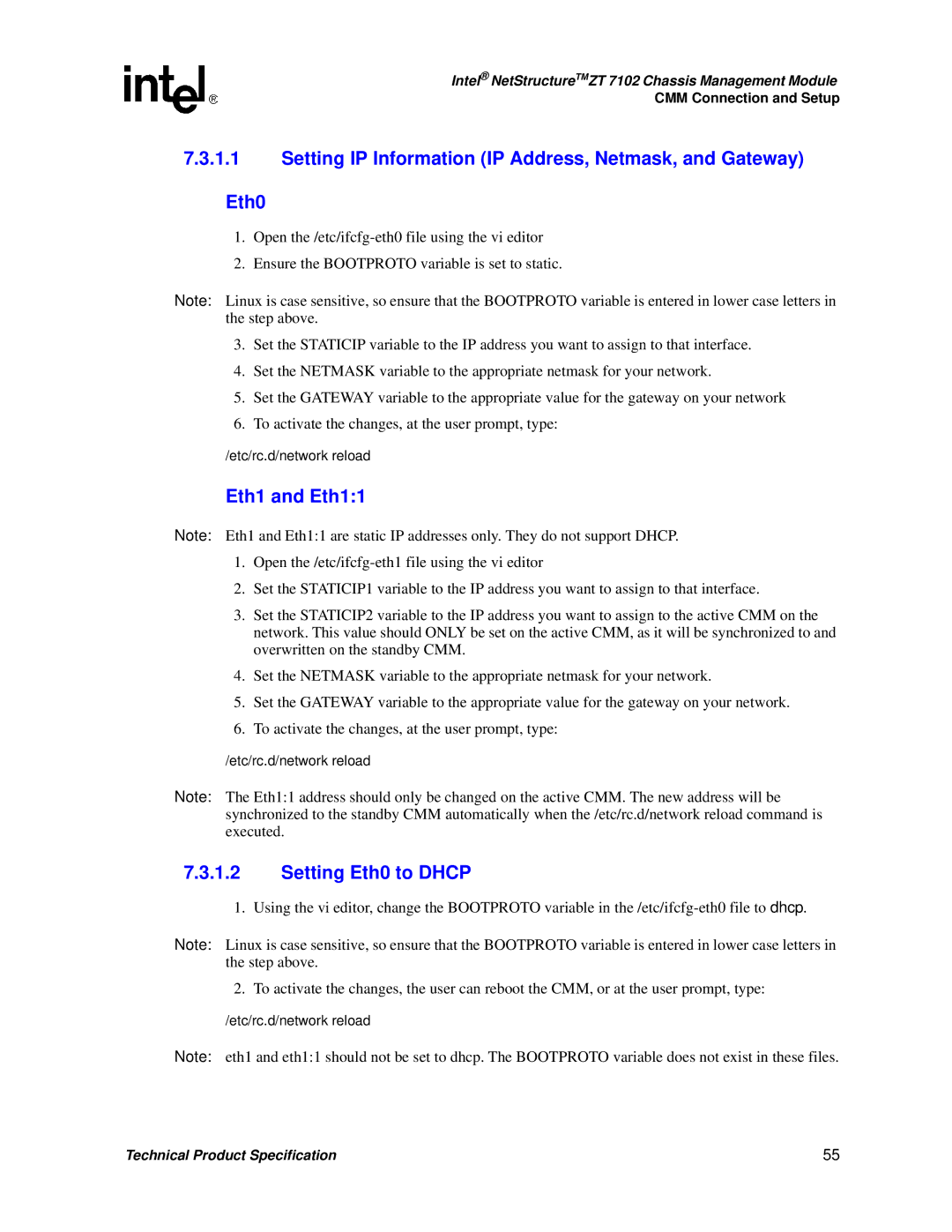 Intel ZT 7102 manual Eth1 and Eth11, Setting Eth0 to Dhcp 