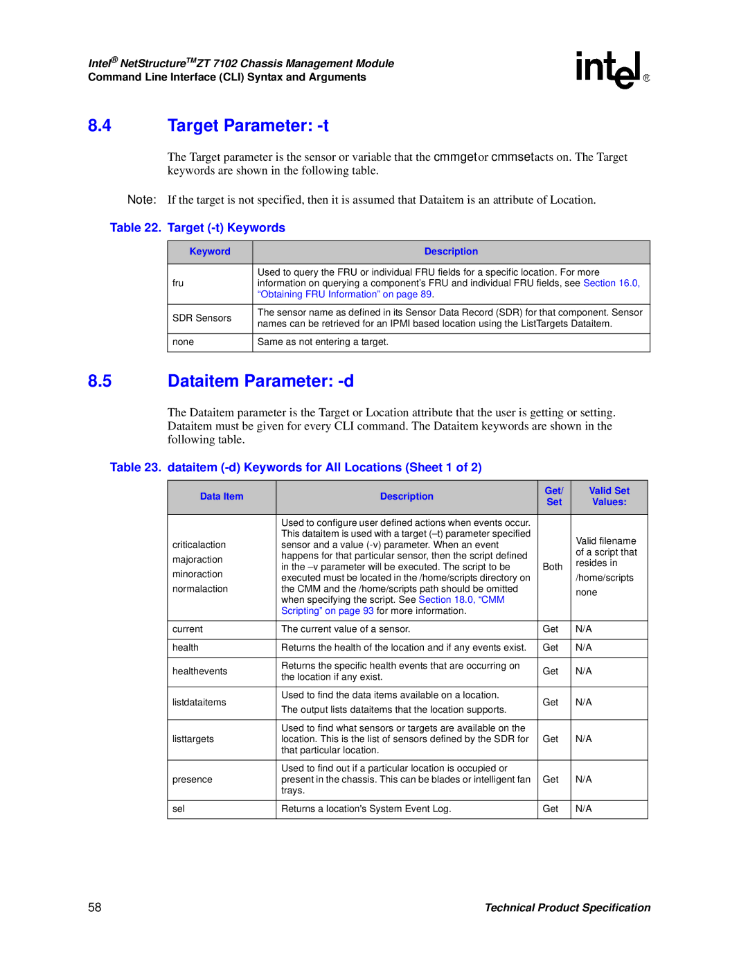 Intel ZT 7102 manual Target Parameter -t, Dataitem Parameter -d, Target -t Keywords 