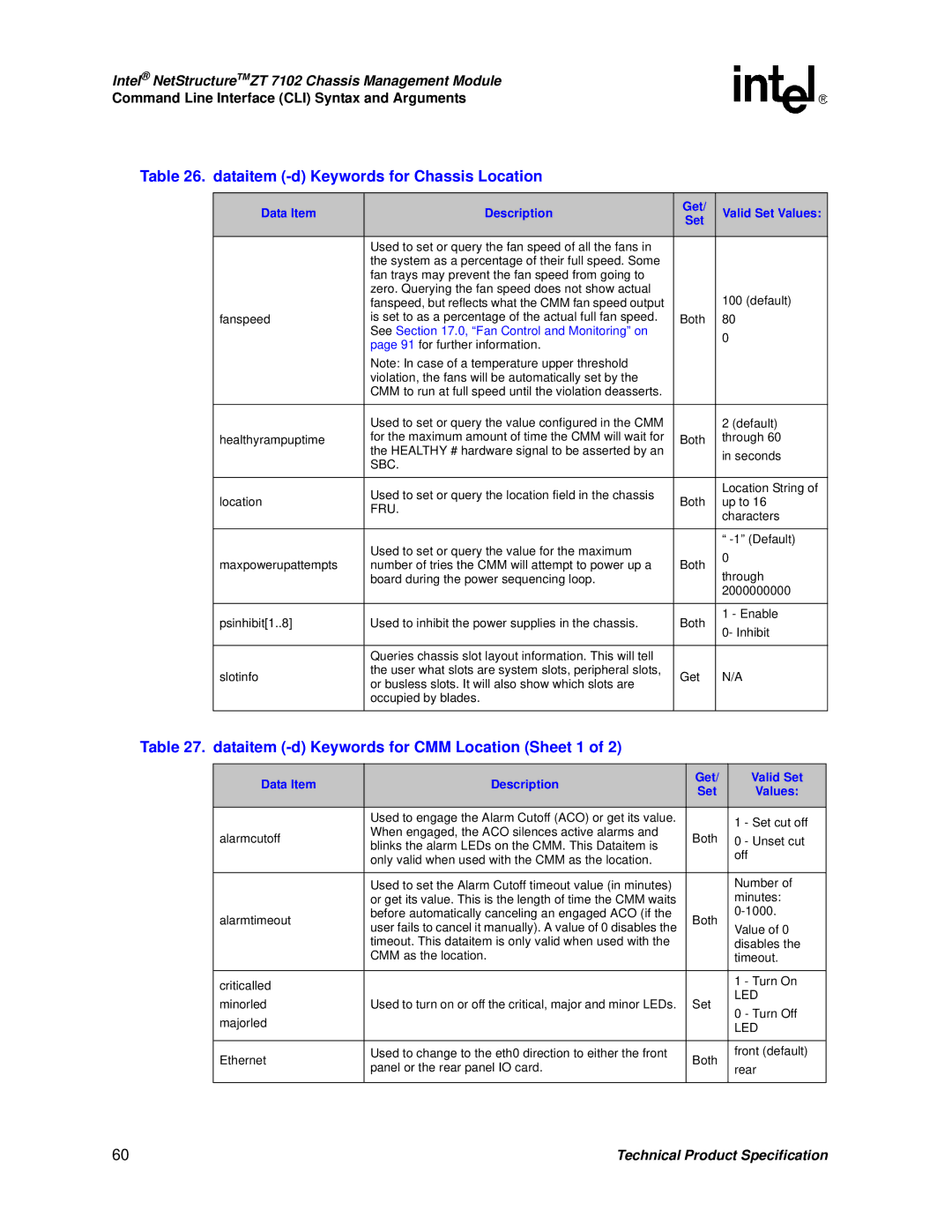 Intel ZT 7102 manual Dataitem -d Keywords for Chassis Location, Dataitem -d Keywords for CMM Location Sheet 1, Set 