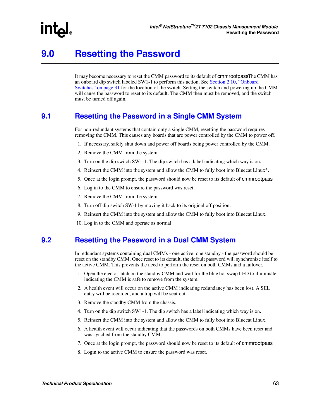 Intel ZT 7102 manual Resetting the Password in a Single CMM System, Resetting the Password in a Dual CMM System 