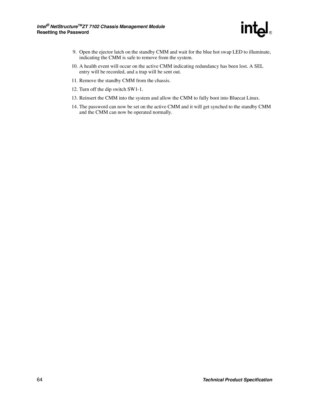 Intel manual Intel NetStructureTMZT 7102 Chassis Management Module 