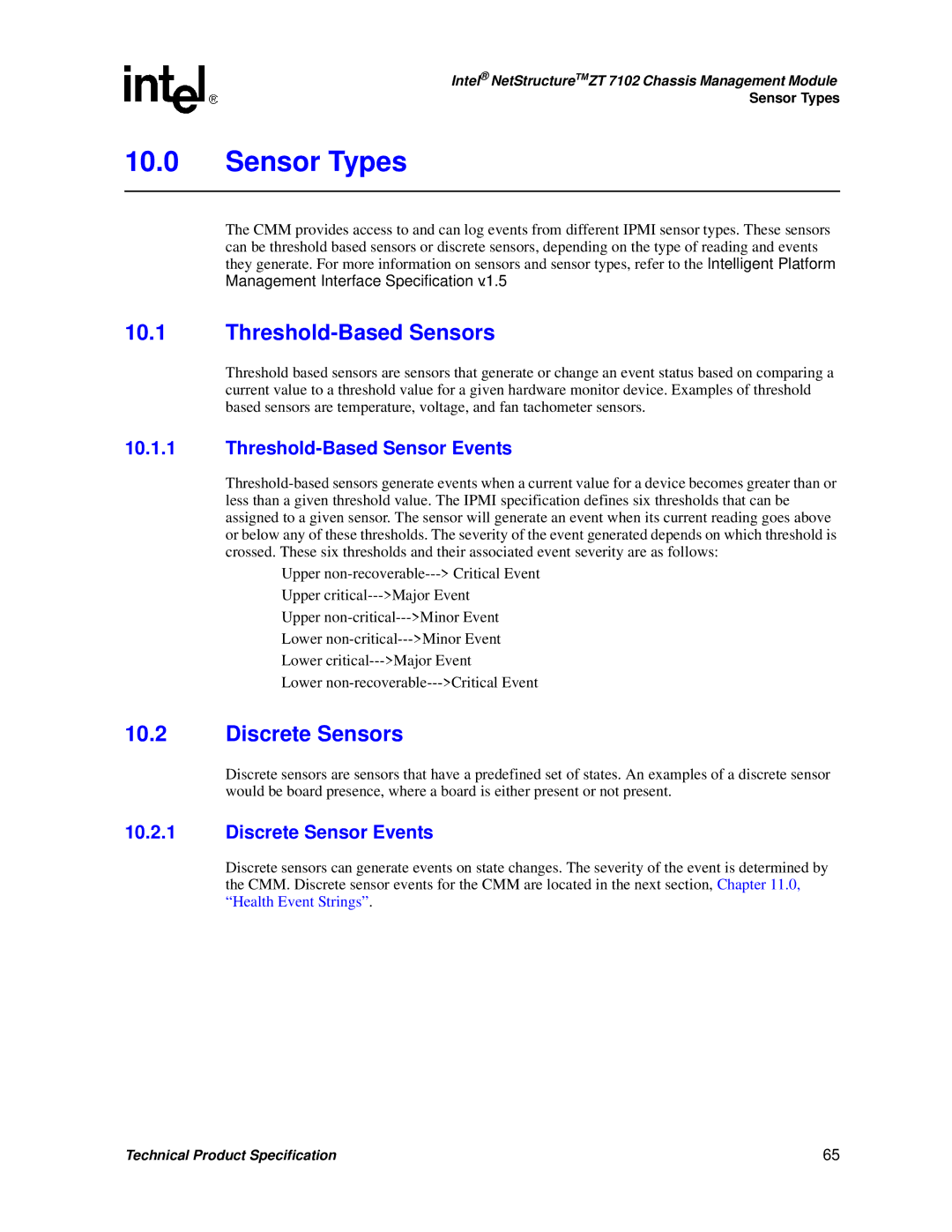 Intel ZT 7102 manual Sensor Types, Threshold-Based Sensors, Discrete Sensors, Threshold-Based Sensor Events 