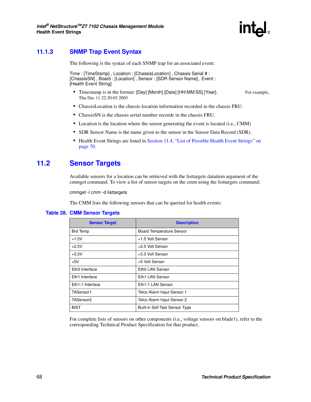 Intel ZT 7102 manual Snmp Trap Event Syntax, CMM Sensor Targets, Sensor Target Description 