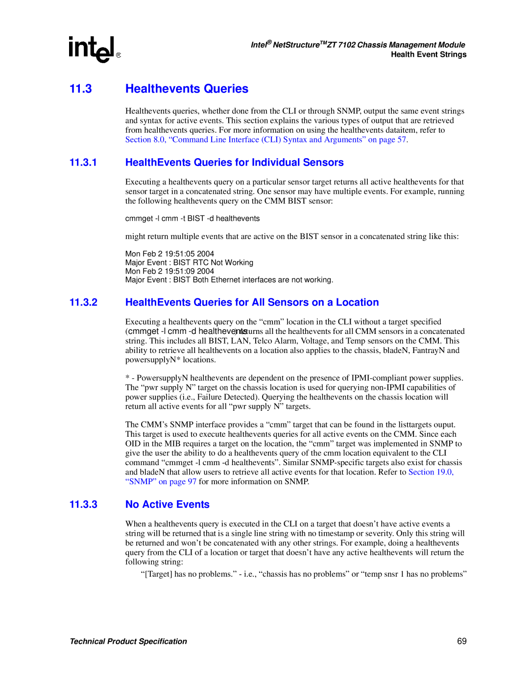 Intel ZT 7102 manual Healthevents Queries, HealthEvents Queries for Individual Sensors, No Active Events 