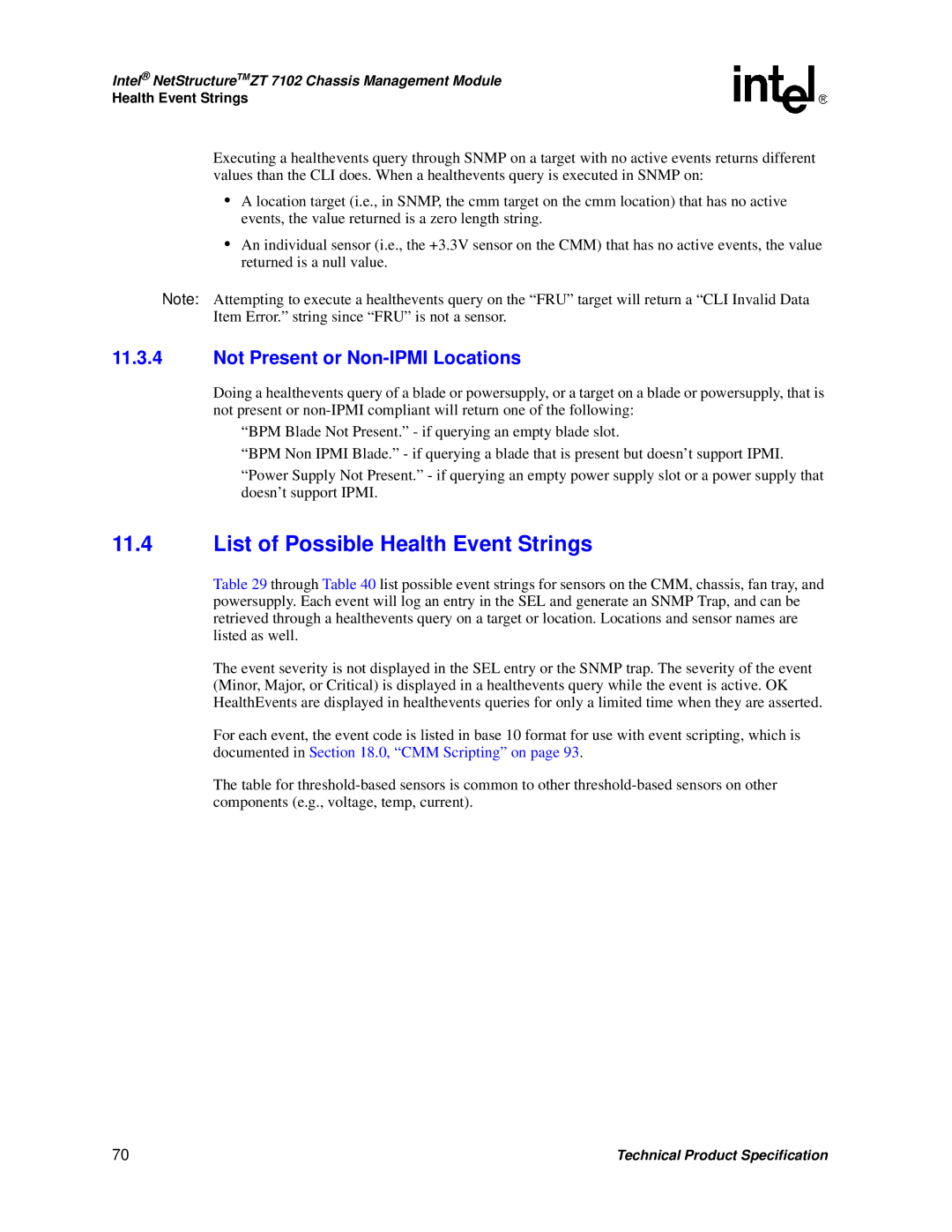 Intel ZT 7102 manual List of Possible Health Event Strings, Not Present or Non-IPMI Locations 