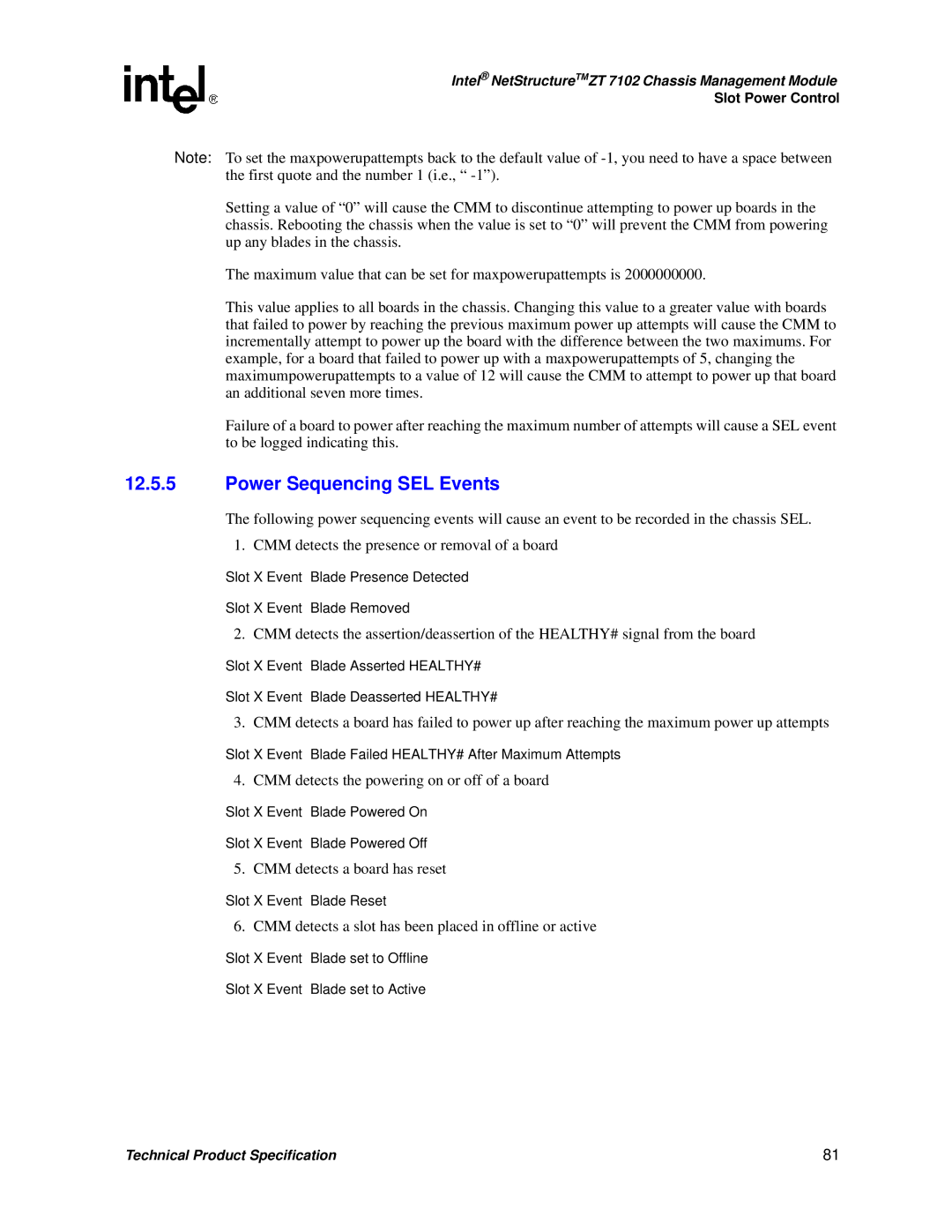 Intel ZT 7102 manual Power Sequencing SEL Events, CMM detects a slot has been placed in offline or active 