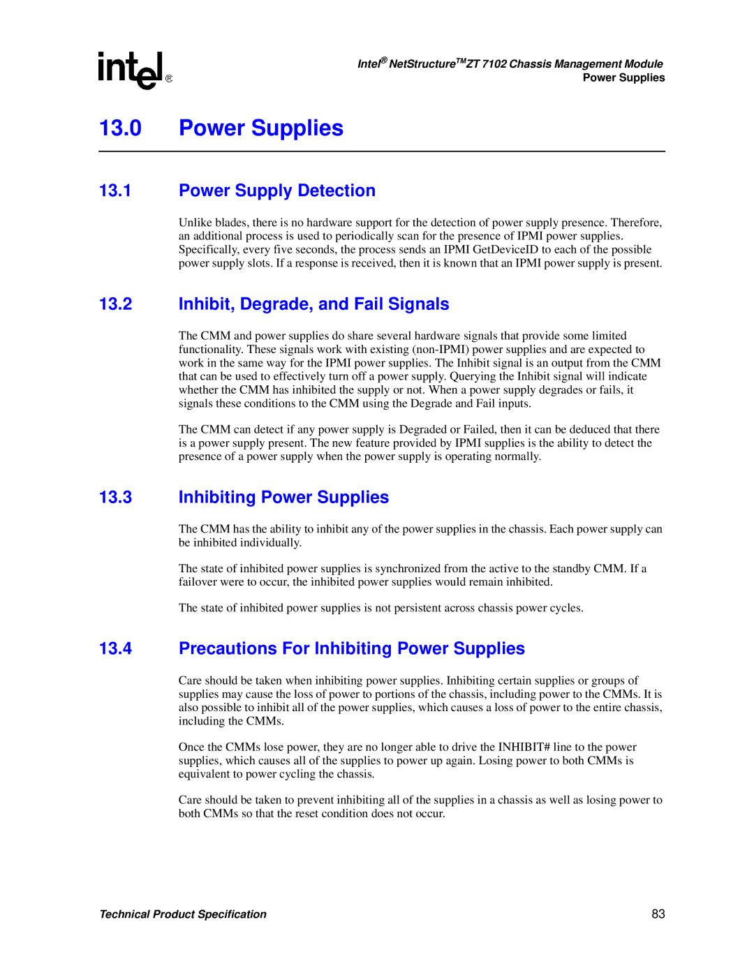 Intel ZT 7102 manual Power Supply Detection, Inhibit, Degrade, and Fail Signals, Inhibiting Power Supplies 