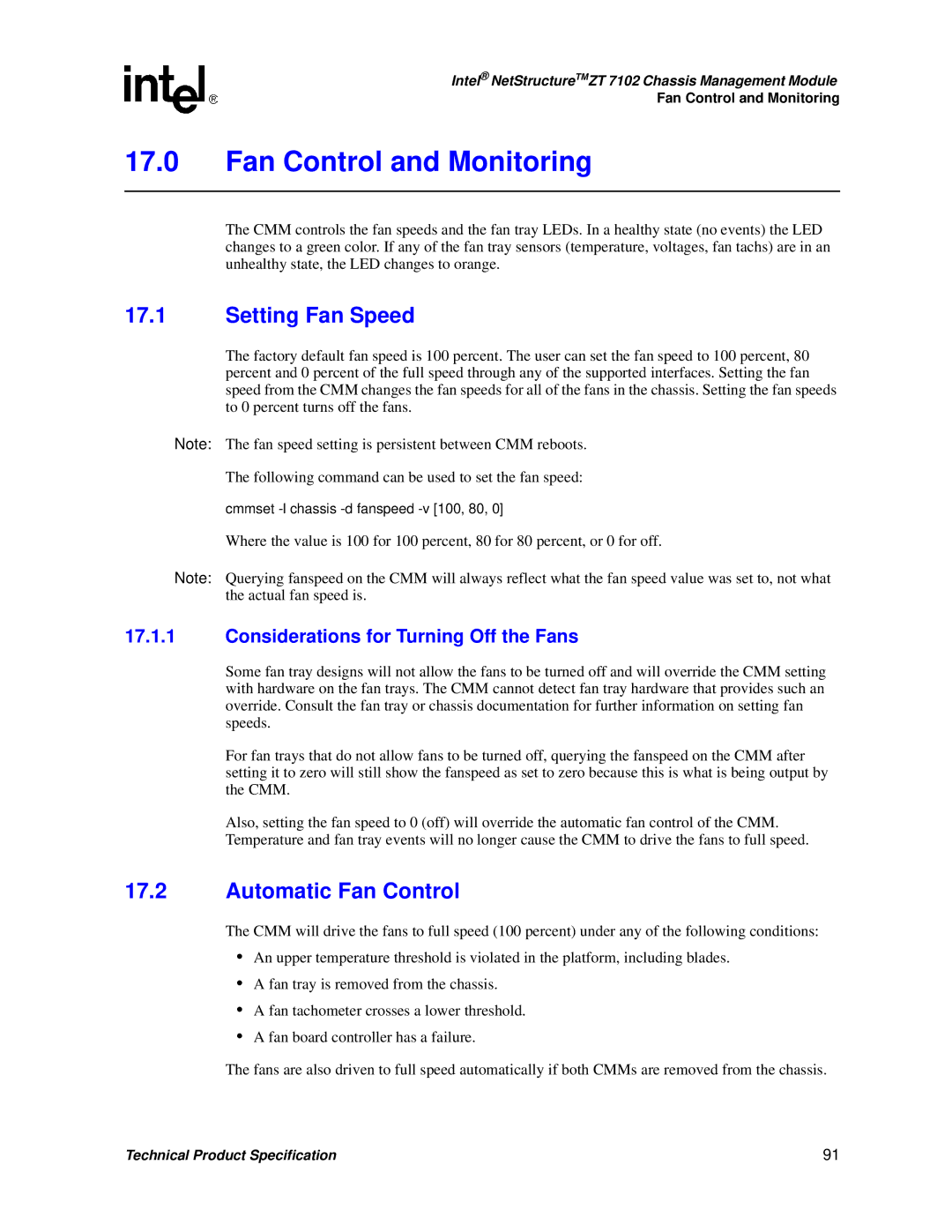 Intel ZT 7102 manual Fan Control and Monitoring, Setting Fan Speed, Automatic Fan Control 