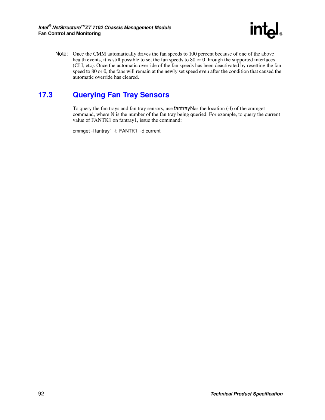 Intel ZT 7102 manual Querying Fan Tray Sensors 