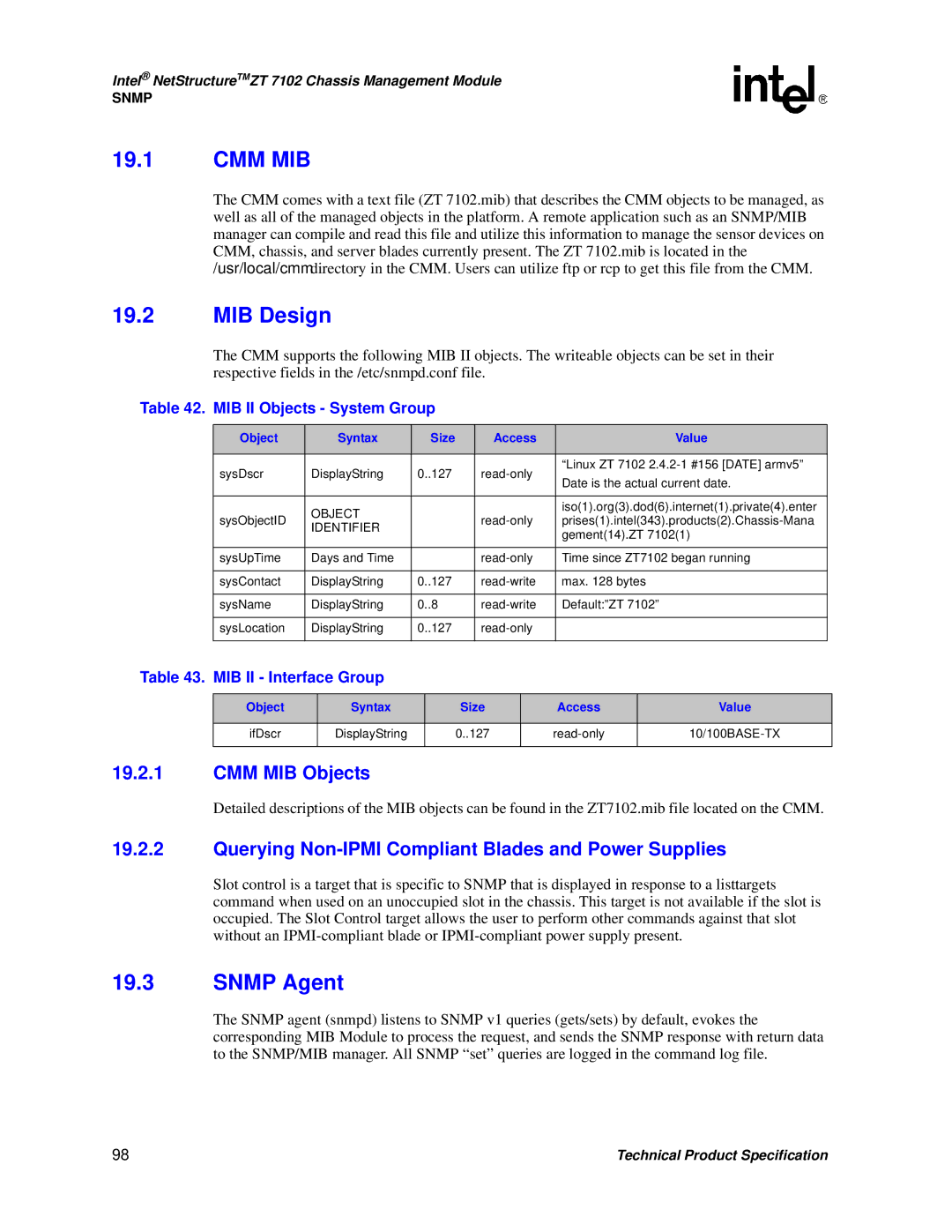 Intel ZT 7102 Cmm Mib, MIB Design, Snmp Agent, CMM MIB Objects, Querying Non-IPMI Compliant Blades and Power Supplies 