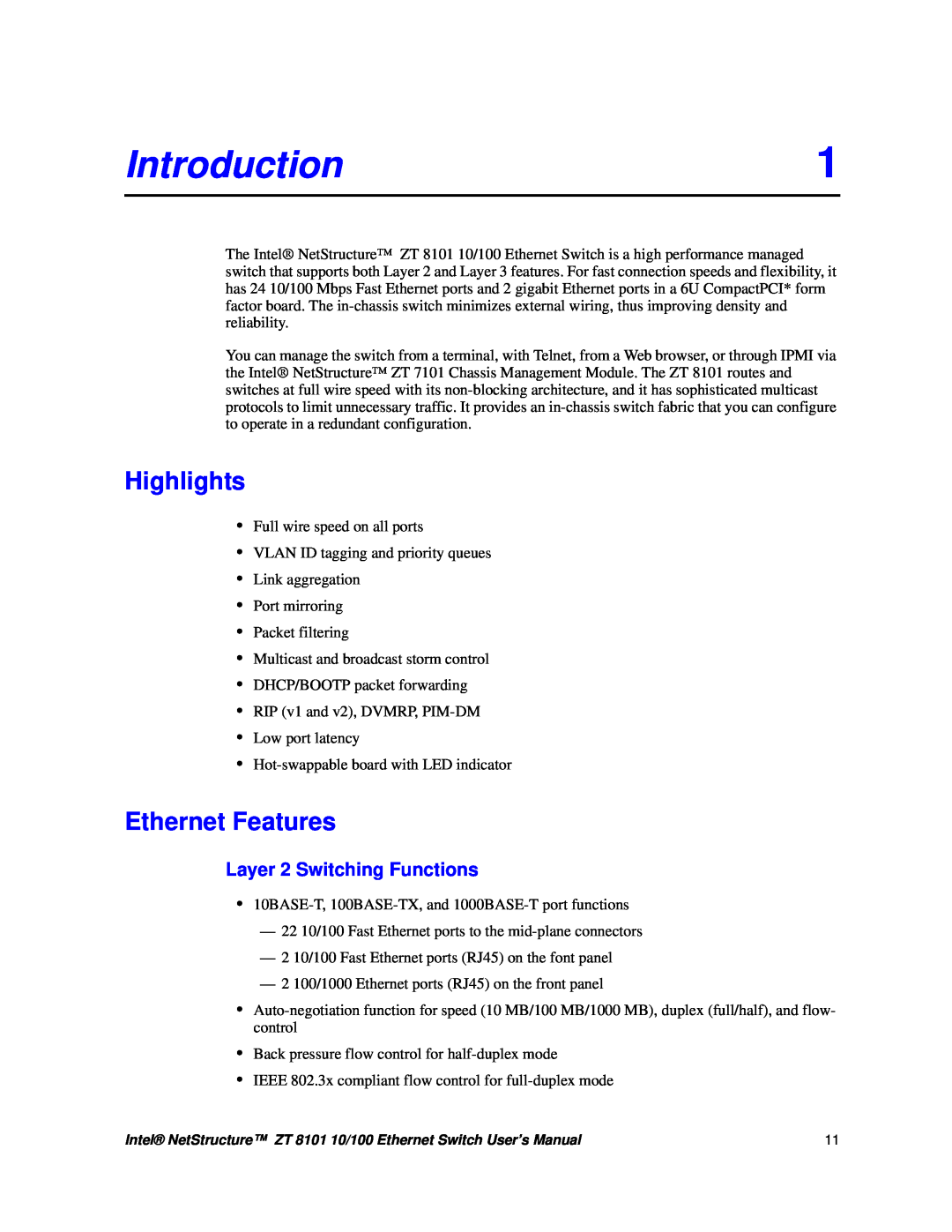 Intel ZT 8101 10/100 user manual Introduction, Highlights, Ethernet Features, Layer 2 Switching Functions 