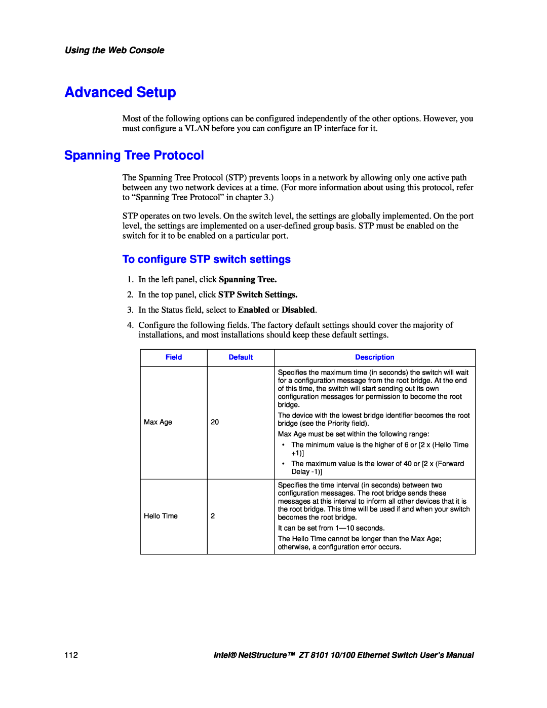 Intel ZT 8101 10/100 Spanning Tree Protocol, To configure STP switch settings, Advanced Setup, Using the Web Console 