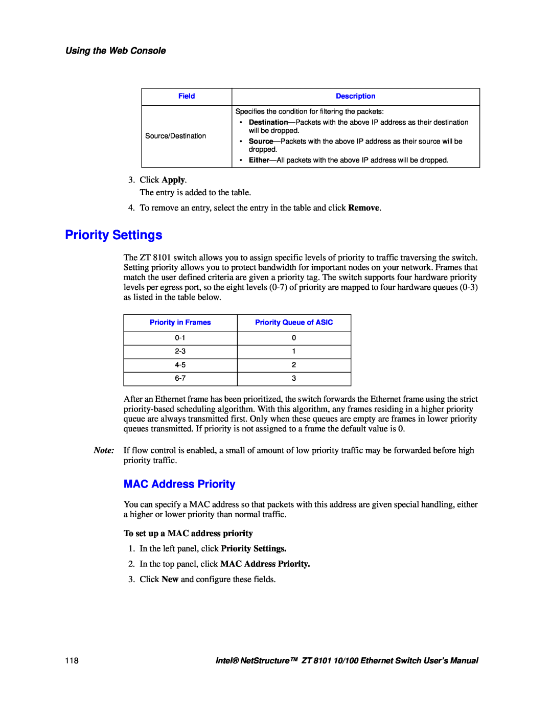Intel ZT 8101 10/100 user manual Priority Settings, MAC Address Priority, Using the Web Console 