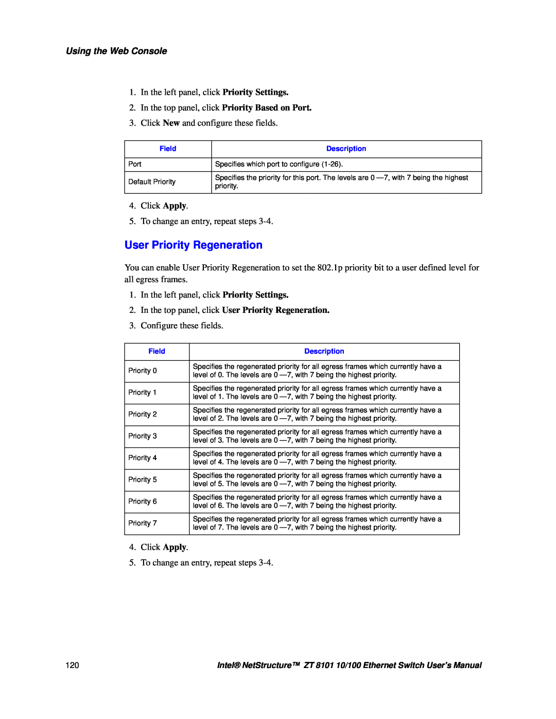 Intel ZT 8101 10/100 user manual User Priority Regeneration, Using the Web Console, Field, Description 
