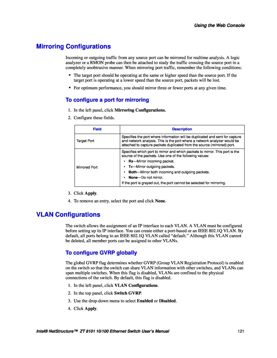 Intel ZT 8101 10/100 user manual VLAN Configurations, Mirroring Configurations, To configure a port for mirroring 