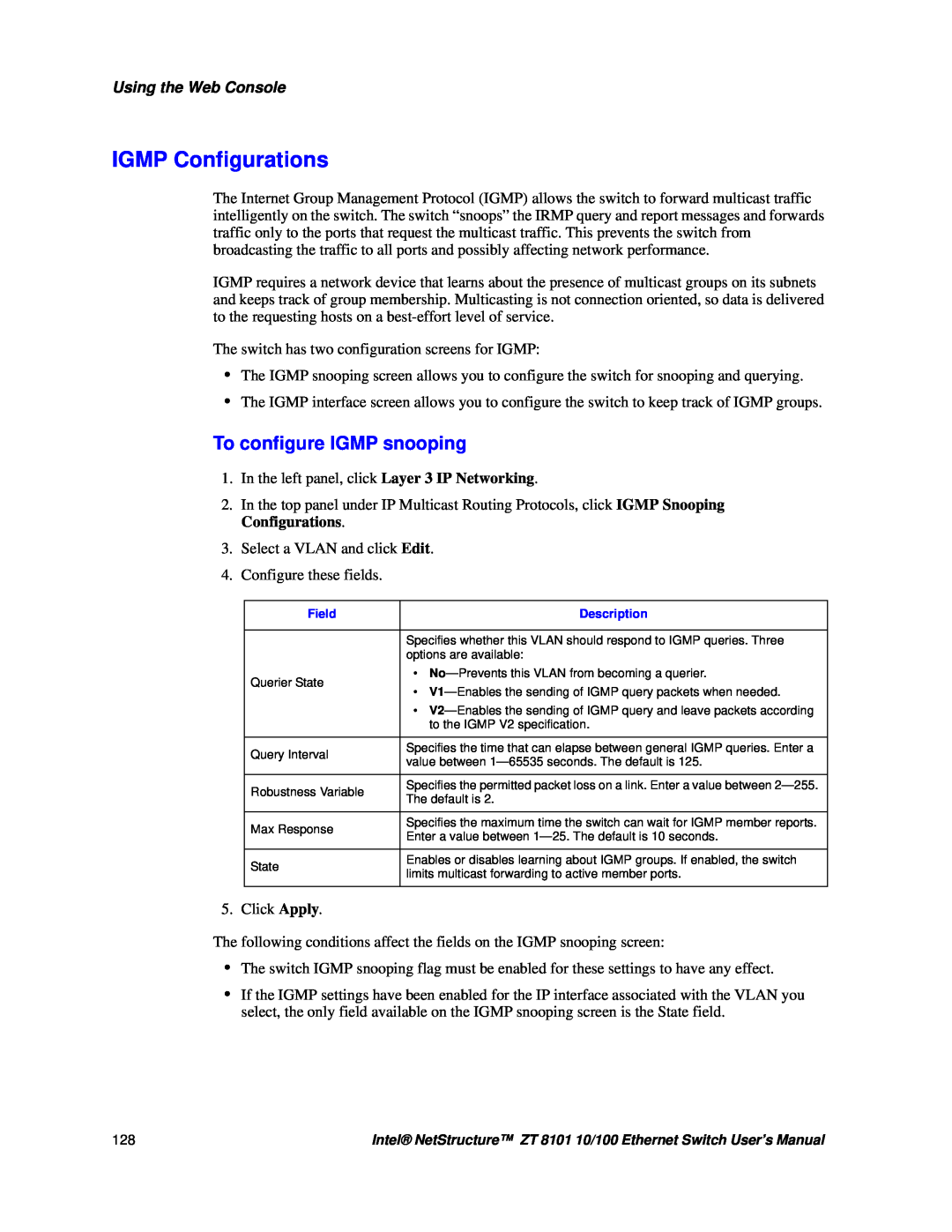 Intel ZT 8101 10/100 user manual IGMP Configurations, To configure IGMP snooping, Using the Web Console 