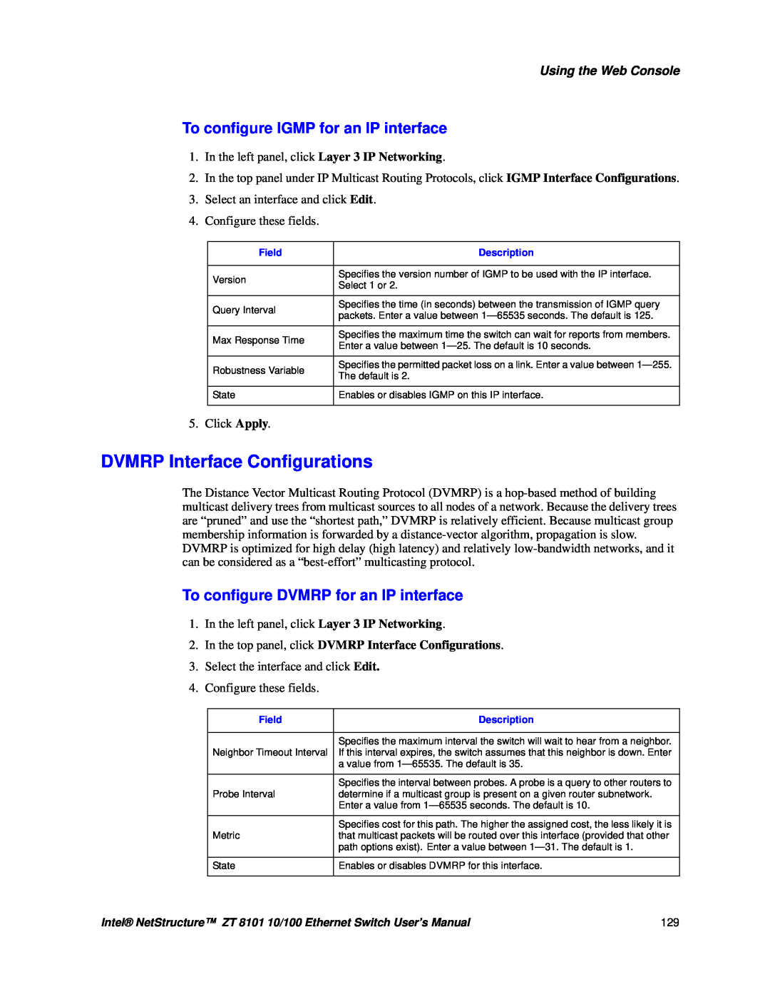 Intel ZT 8101 10/100 DVMRP Interface Configurations, To configure IGMP for an IP interface, Using the Web Console 