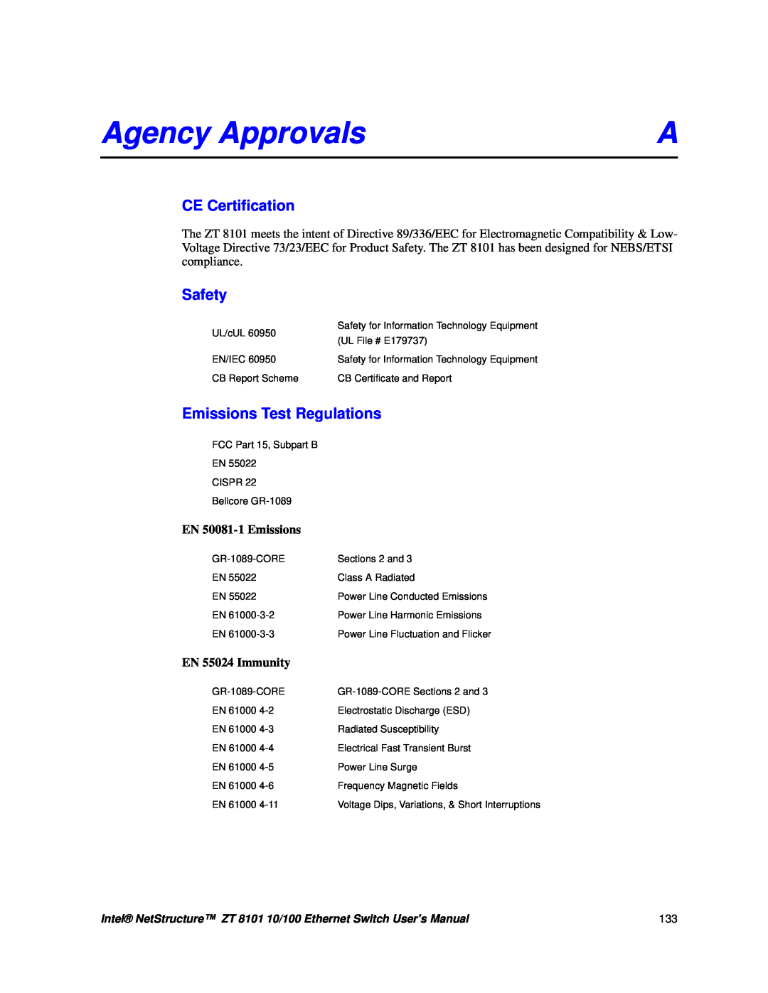 Intel ZT 8101 10/100 user manual Agency Approvals, CE Certification, Safety, Emissions Test Regulations 