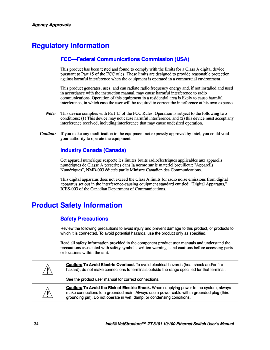 Intel ZT 8101 10/100 Regulatory Information, Product Safety Information, FCC—FederalCommunications Commission USA 