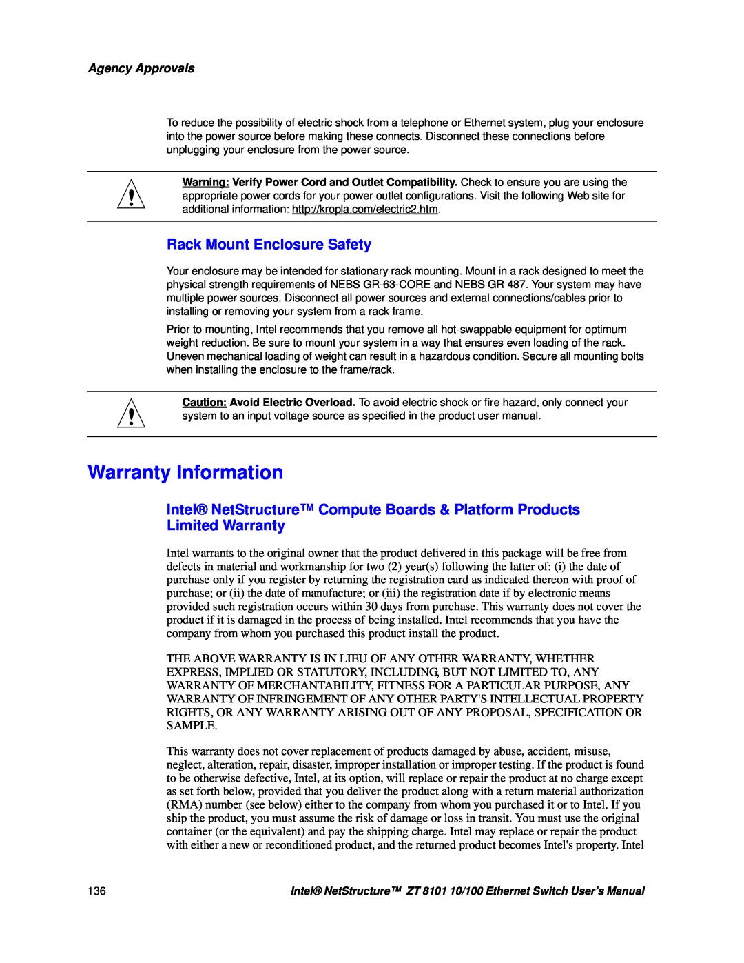 Intel ZT 8101 10/100 user manual Warranty Information, Rack Mount Enclosure Safety, Limited Warranty, Agency Approvals 