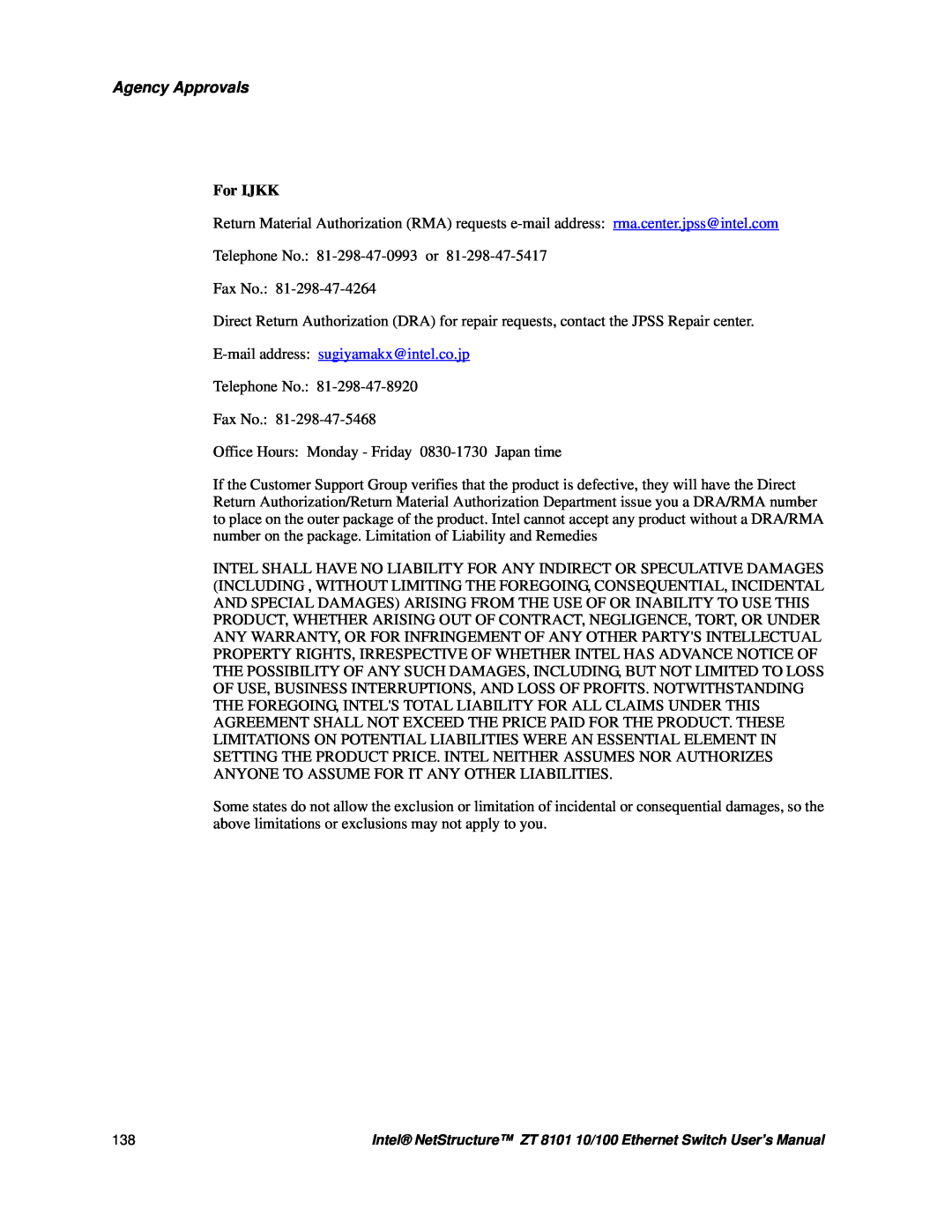 Intel ZT 8101 10/100 user manual E-mailaddress: sugiyamakx@intel.co.jp, Agency Approvals, For IJKK 