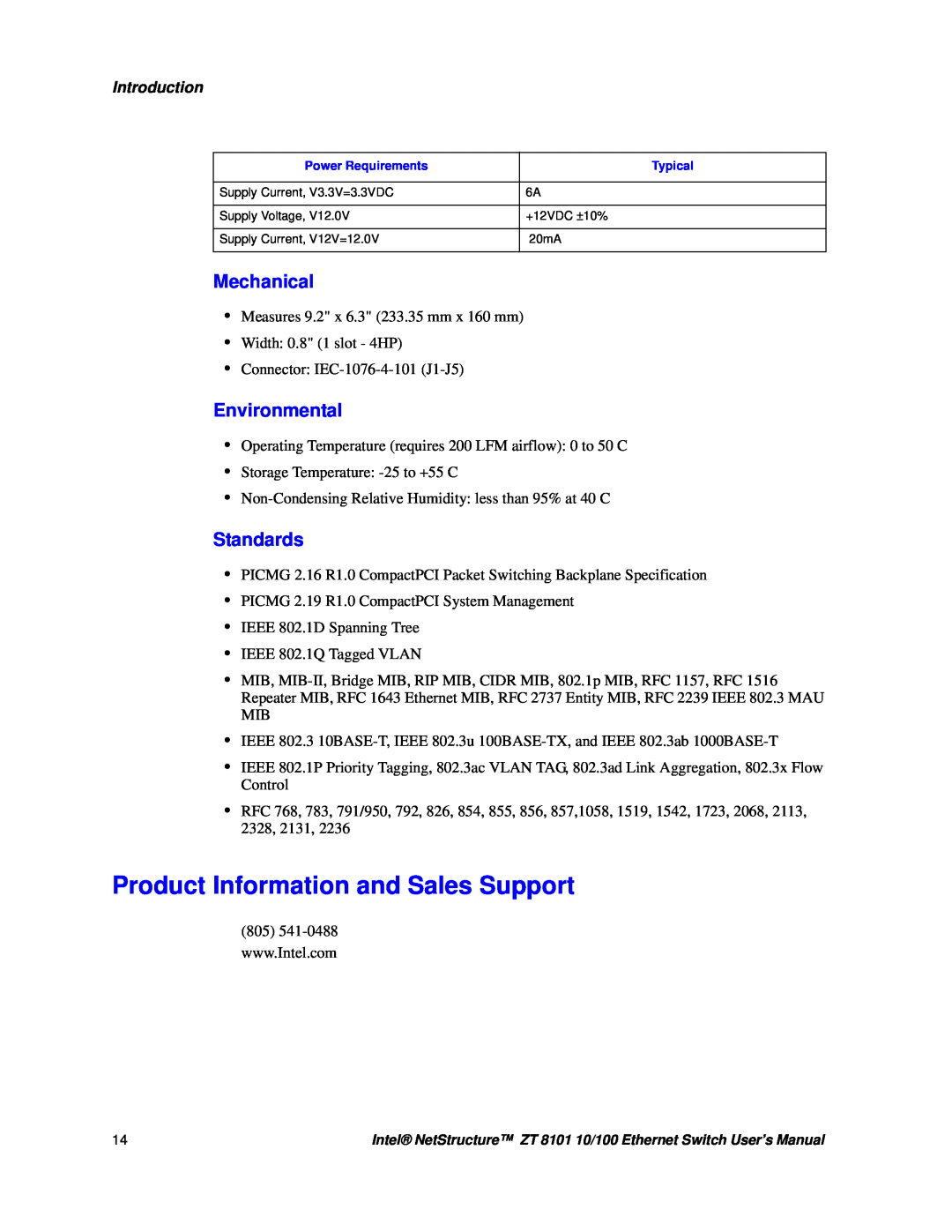 Intel ZT 8101 10/100 user manual Product Information and Sales Support, Mechanical, Environmental, Standards, Introduction 