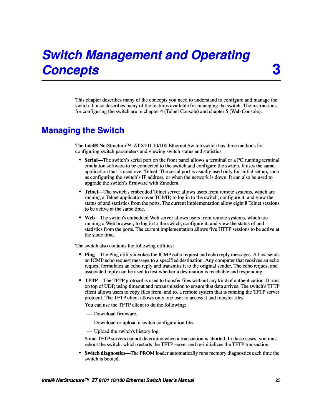 Intel ZT 8101 10/100 user manual Switch Management and Operating, Concepts, Managing the Switch 